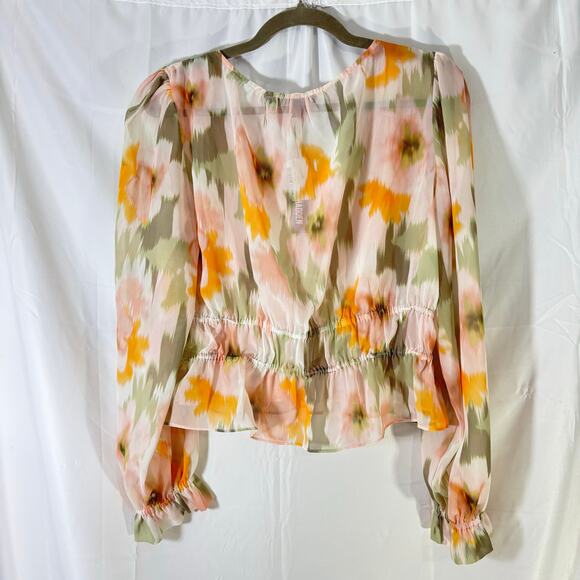 NWT Steve Madden Ardenne Faded Floral Chiffon Blouse Large Boho Romantic Sheer - Picture 2 of 5